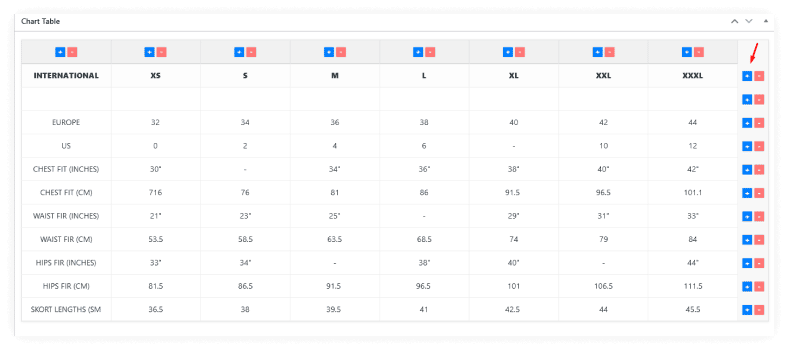 Add New Rows for Product Size Charts
