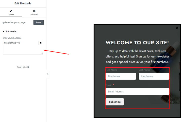 Paste the shortcode you copied from FluentCRM
