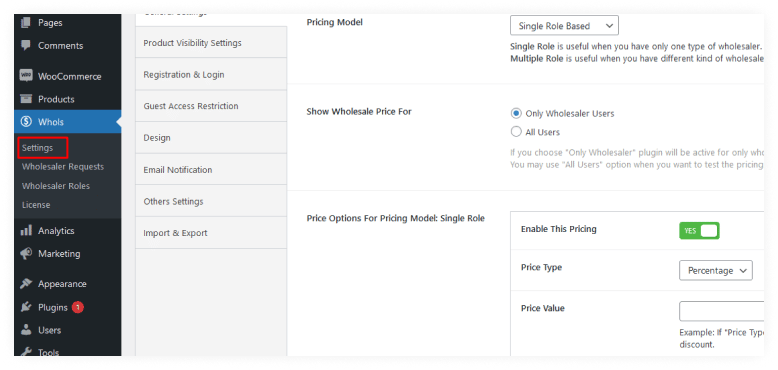 Click on Whols menu to build your wholesale store