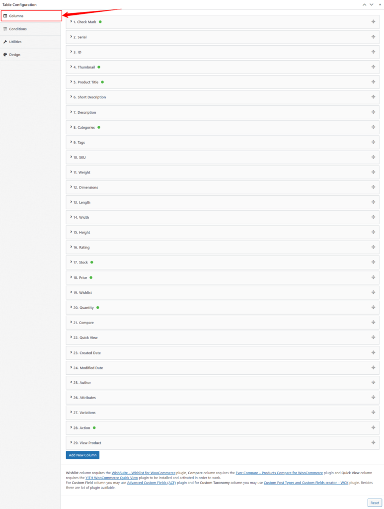 configure the table columns