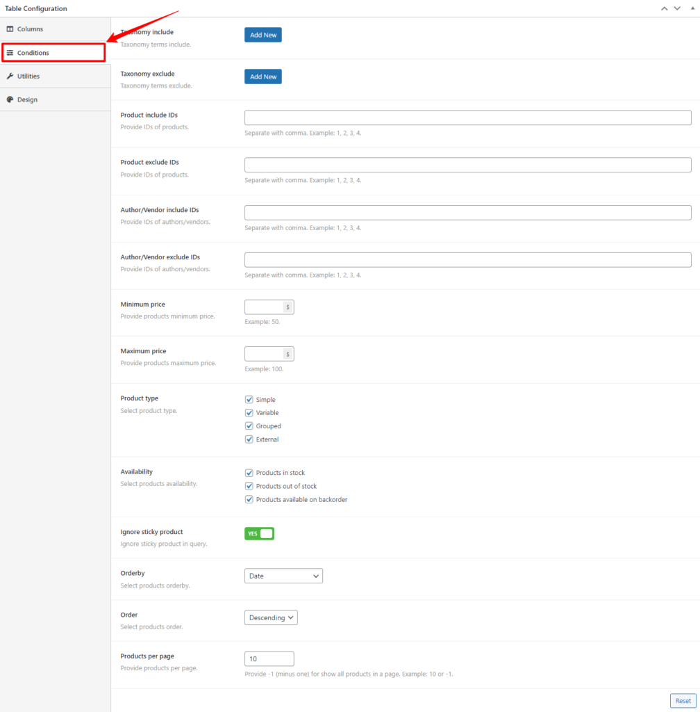 configure the conditions
