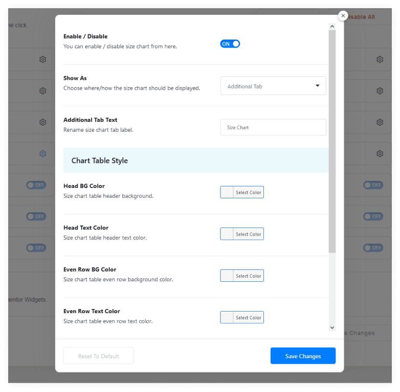 Different Settings of the Size chart Module in WooLentor