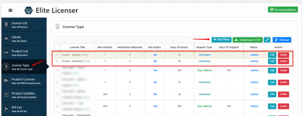 click on the license type