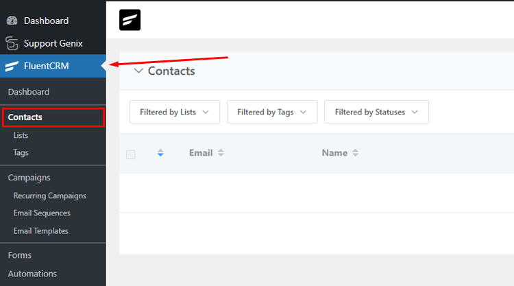 Navigate to FluentCRM > Contact in your dashboard.