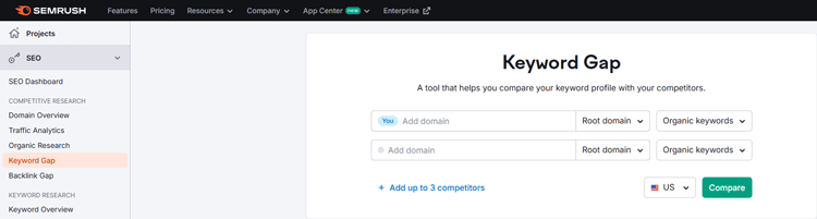 Go to the "Keyword Gap" tool