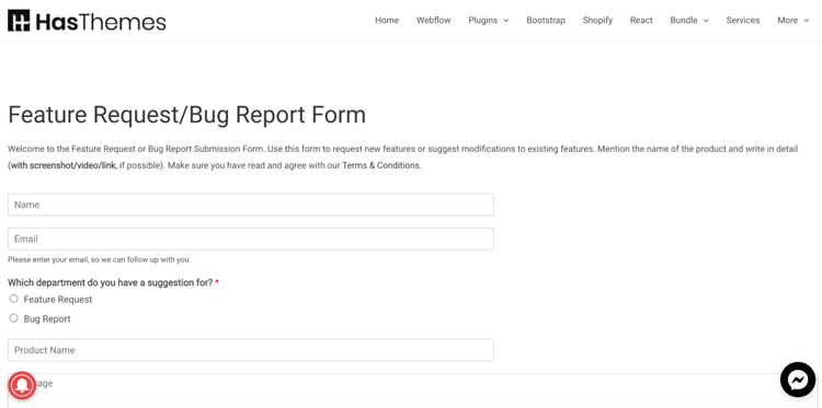 The HasThemes website includes contact forms that direct users' issues to the appropriate department.