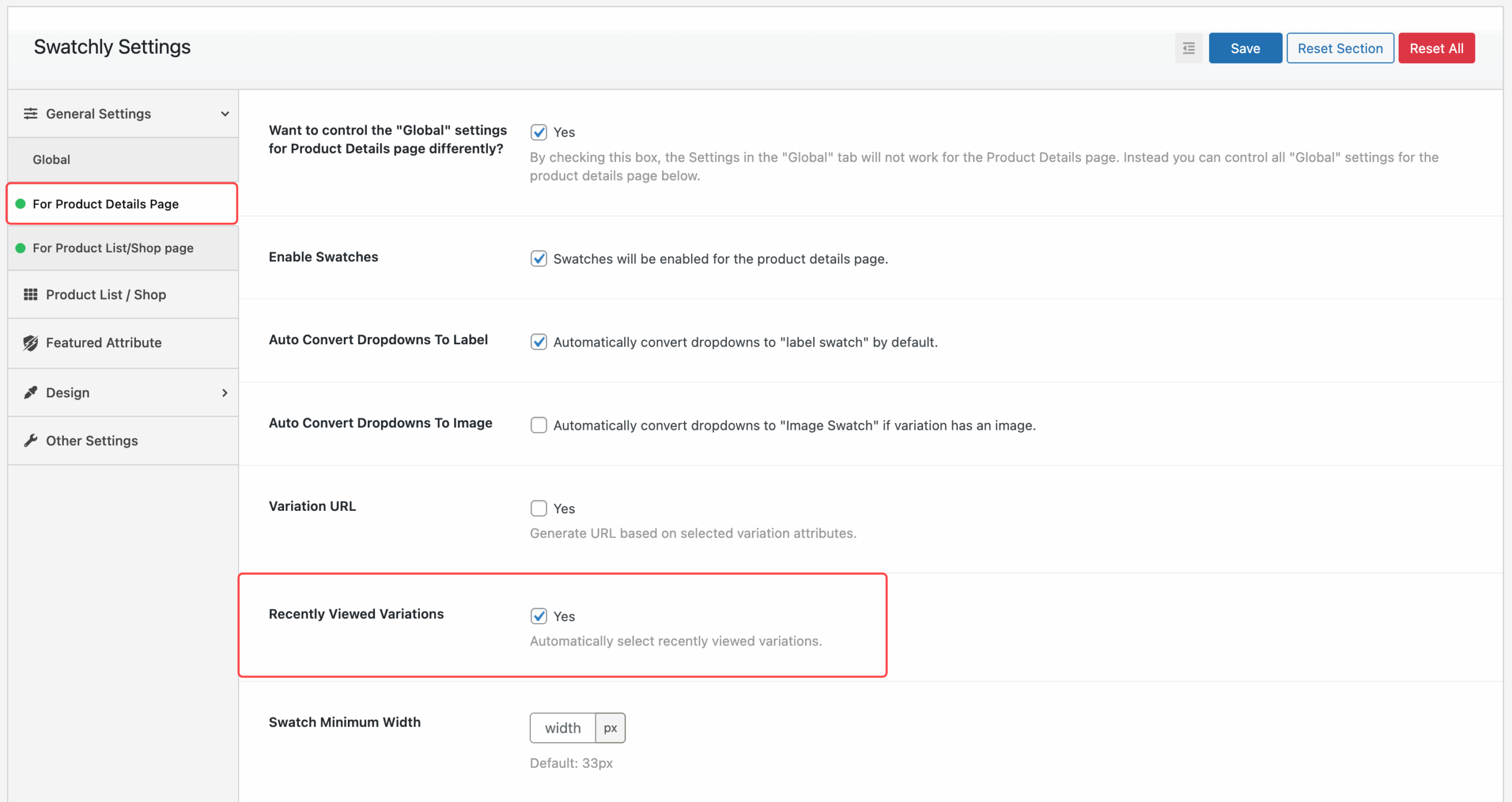 Recently Viewed Variations