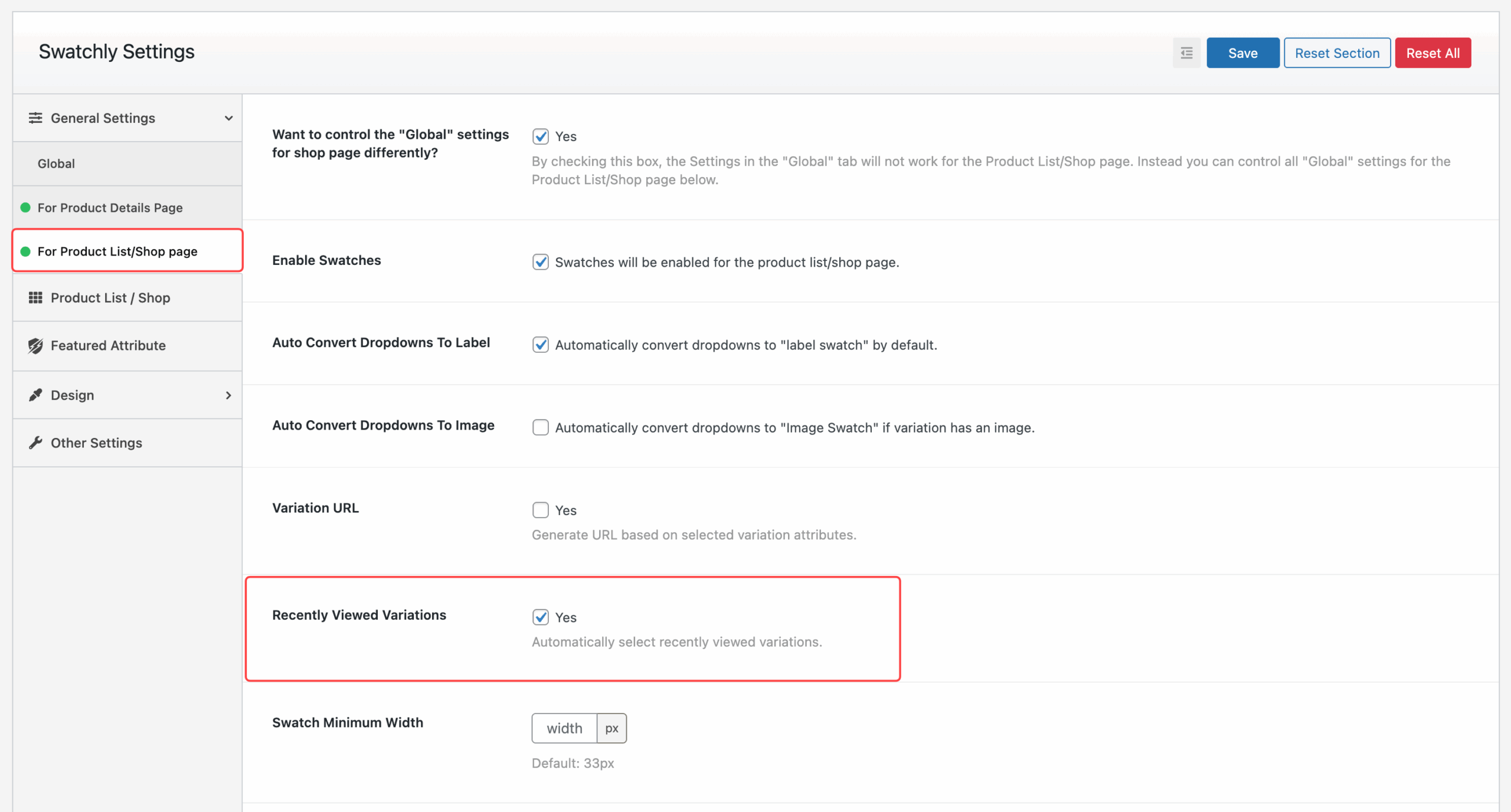 Recently Viewed Variations