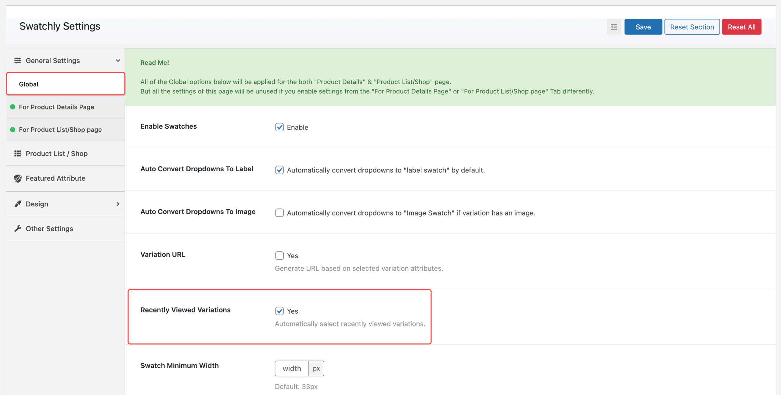 Recently Viewed Variations