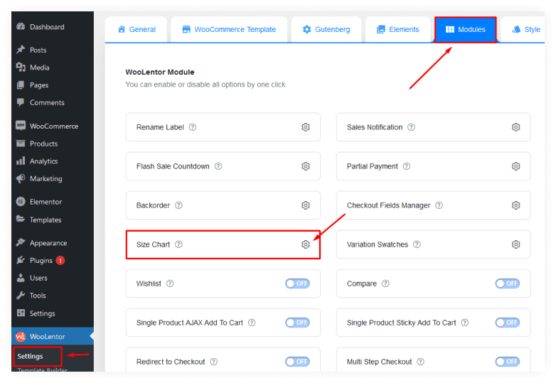 Install the WooLentor Plugin and Enable the Size chart Module