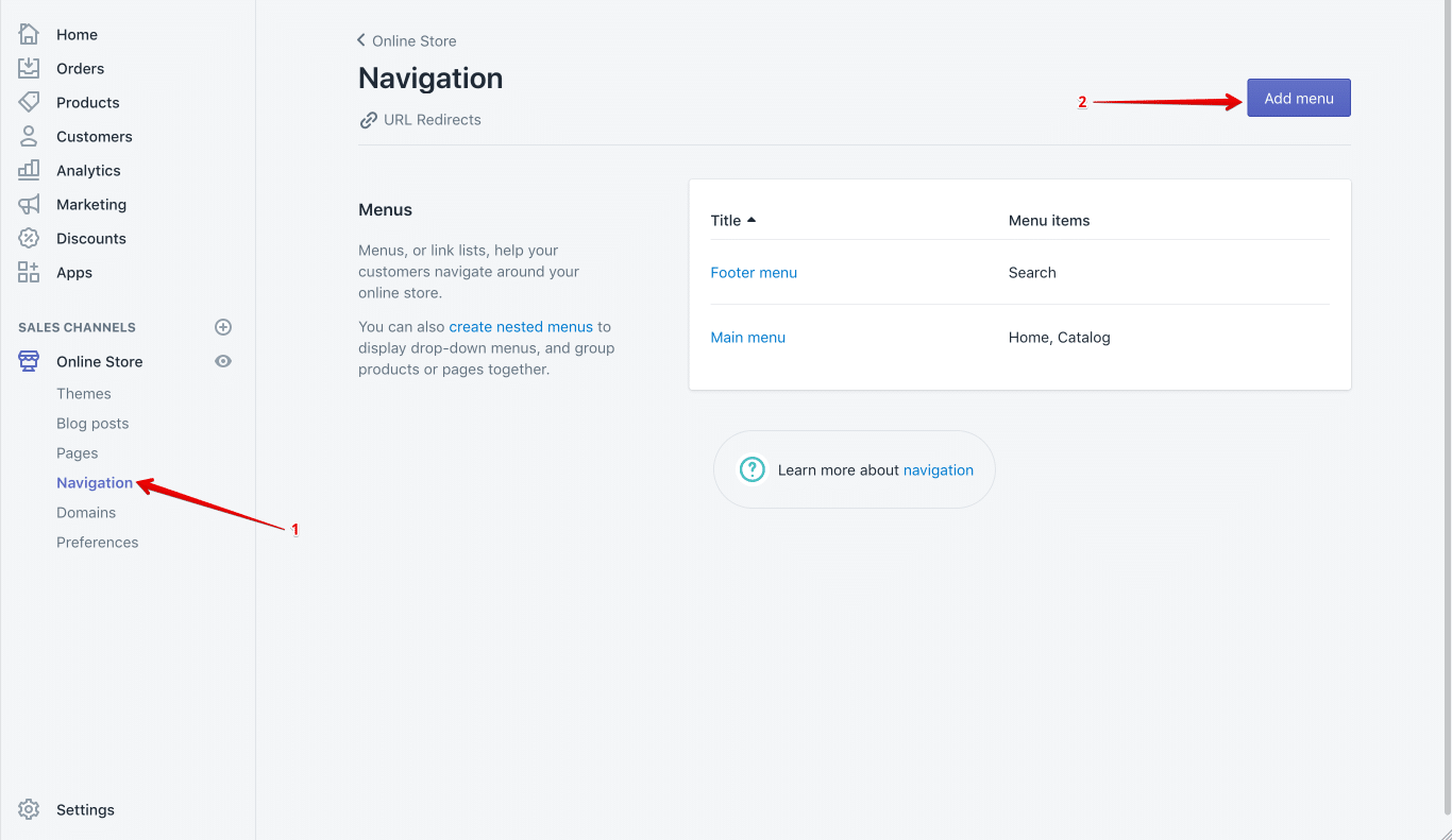 shopify navigation setup