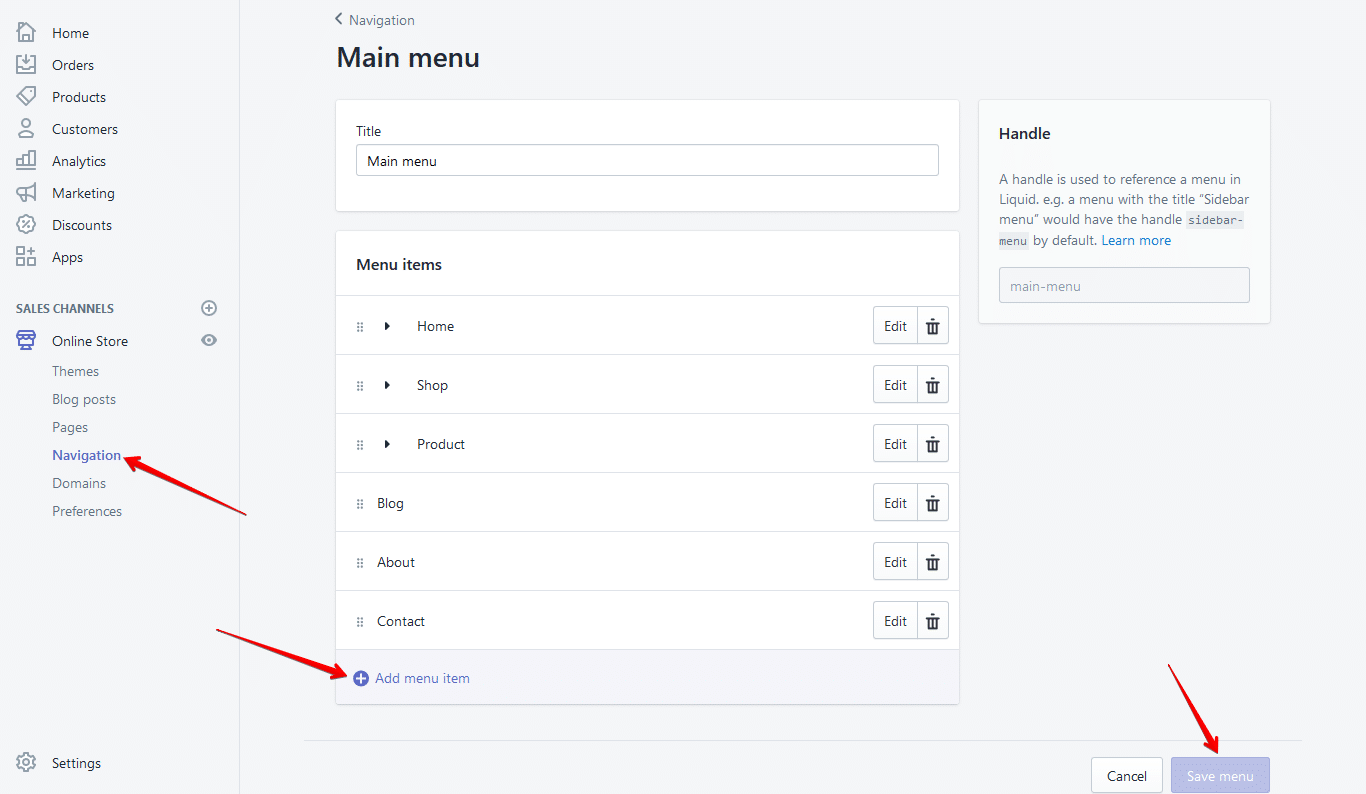 shopify navigation menu setup