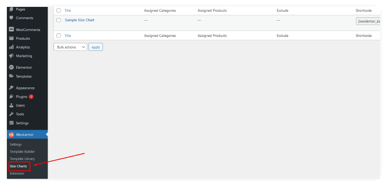 Now Go to the Size Chart Sub Menu under the WooLentor Menu in Your WordPress Dashboard