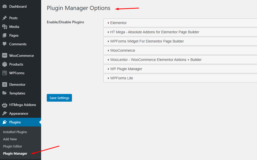 WP Plugin Manager Option panel