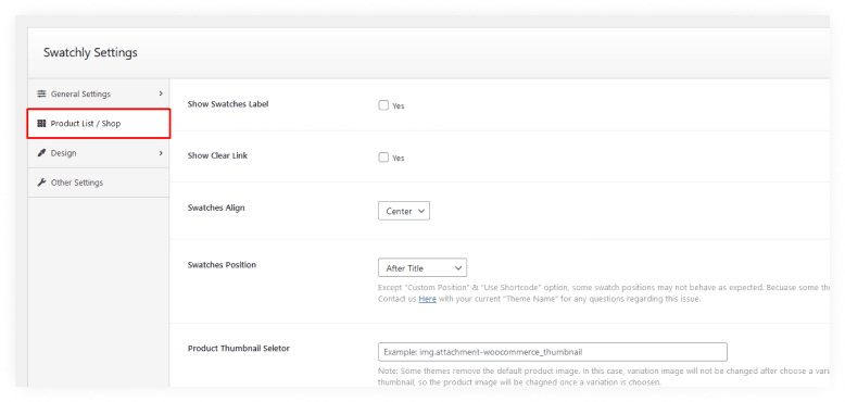 Product List/Shop Page Settings