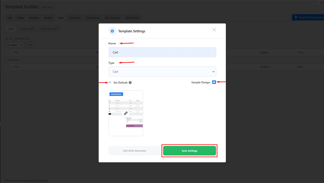 Creating a Cart Page Template: Set as Default