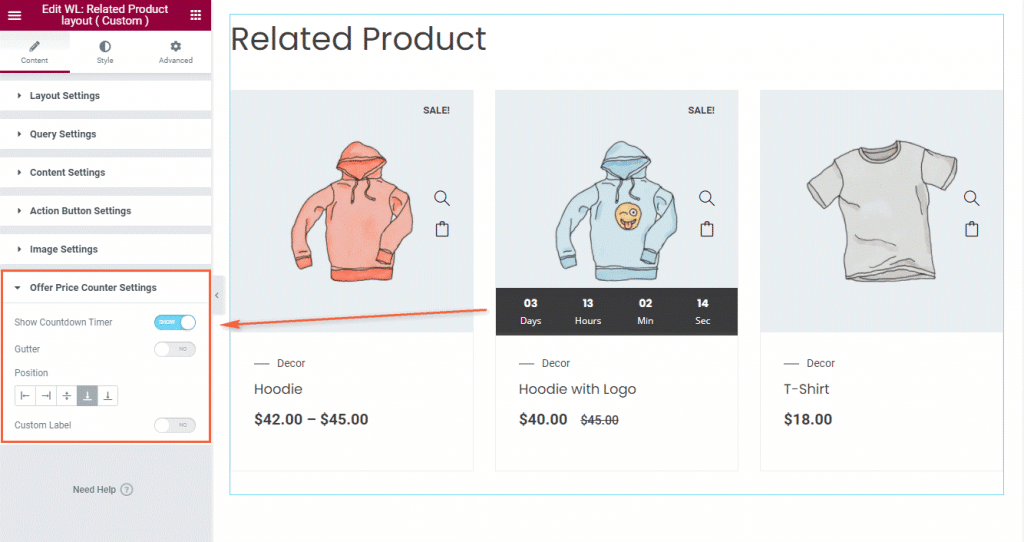 Woolentor offer price counter settings