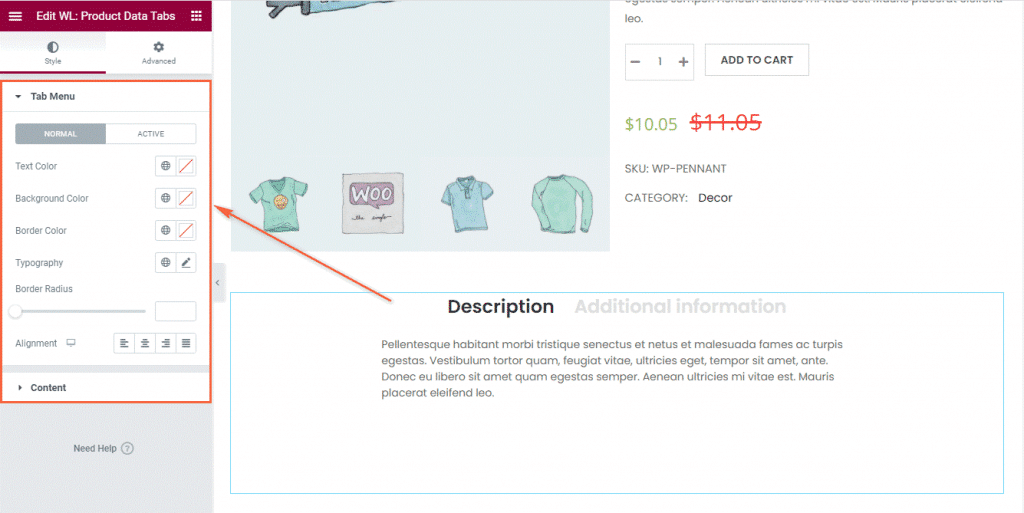 Woolentor product data tabs