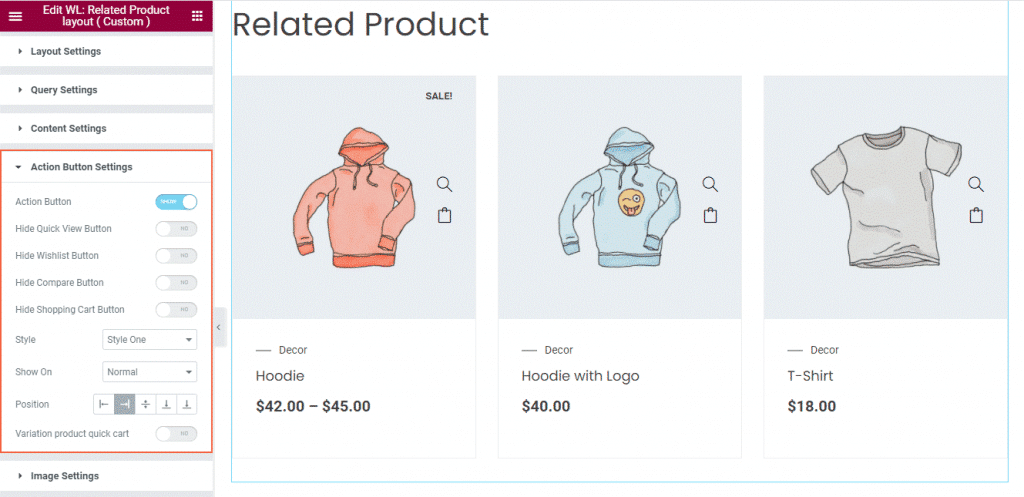 Woolentor related product layout action button settings