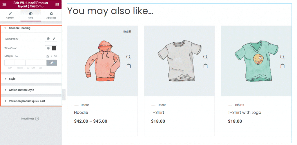 Woolentor upsell product content section heading